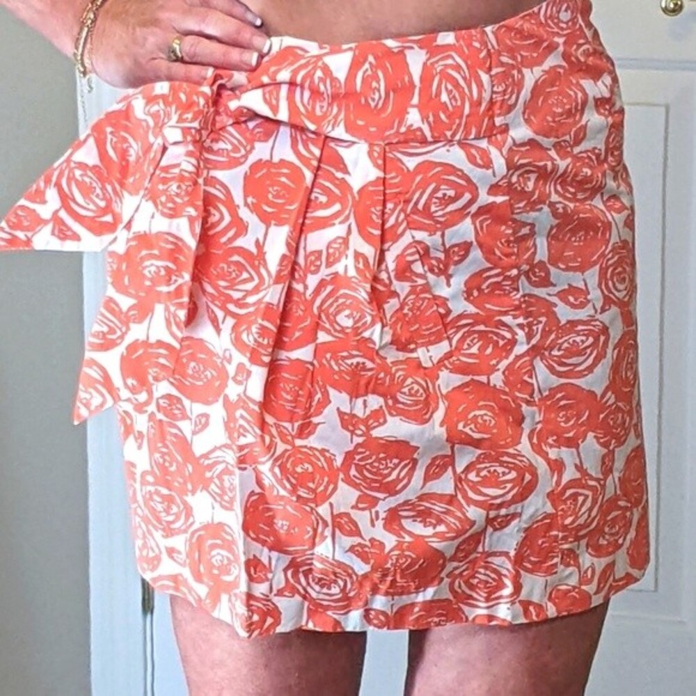 J. Crew side zip skirt - tie waist - pleated - white and coral orange floral - 4
